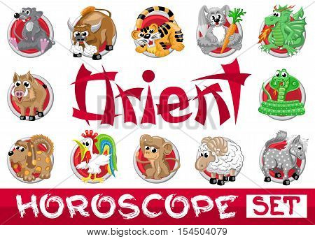 Orient horoscope set. Twelve chinese japanese zodiac signs in red circles isolated