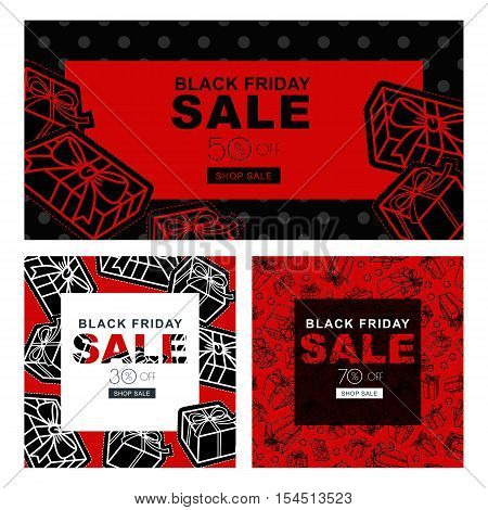 Set Of Black Friday Sale Banners With Gift Boxes. Vector Horizontal And Square Banners And Flyers.