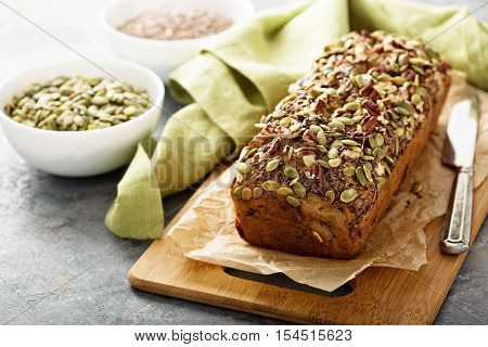 Healthy gluten free banana bread with seeds and nuts