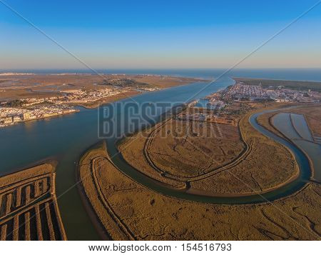 Aerial view of the mouth of the Guadiana river. Villa Real Santo Antonio, Portugal.