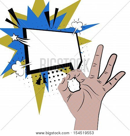 Hand sign comic retro pop art style white bubble. Gestures okay. Cartoon comic vector colored speech bubble. Halftone hand drawn finger, ok sign. Like positive hand sign. Color pop art background