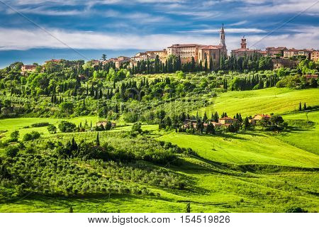 Town of Pienza at sunset Italy in summer