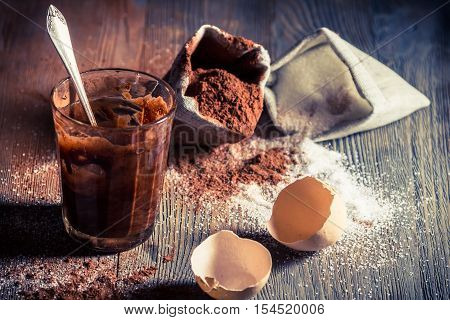 Taste of childhood egg yolk with sugar and cocoa