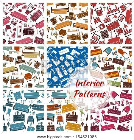 Interior furniture and home objects patterns set. Color interior elements decoration seamless background. Vector retro and classic household objects of room interior