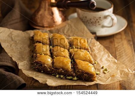 Homemade baklava with nuts and honey syrup