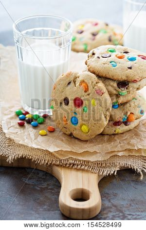 Chocolate chip and candy cookies with milk