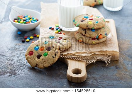 Chocolate chip and candy cookies with milk
