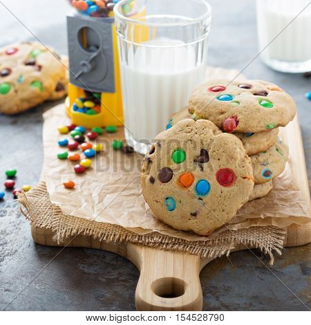 Chocolate chip and candy cookies with milk