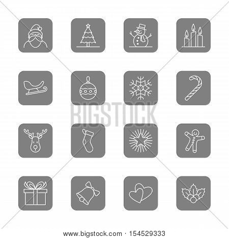 Christmas and new year icon set vector illustration - outline on gray rounded rectangle