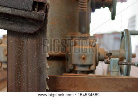 Close up blade of bandsaw , vertical band saw
