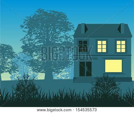 The Silhouette of the building in matutinal wood.Vector illustration