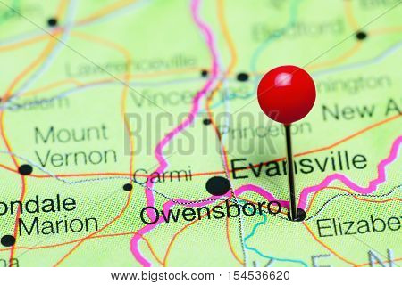 Owensboro pinned on a map of Kentucky, USA