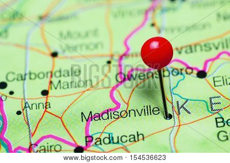 Madisonville pinned on a map of Kentucky, USA