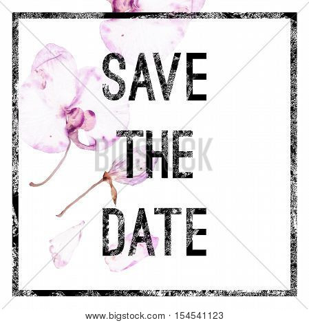Postcard with orchids and inscription. Black and white postcard template with orchids and inscription Save the Date.