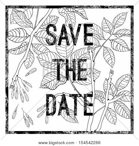 Hand drawn black and white ash tree set for textile fabric postcards wallpaper scrapbooking and others. Postcard invitation with inscription save the date.