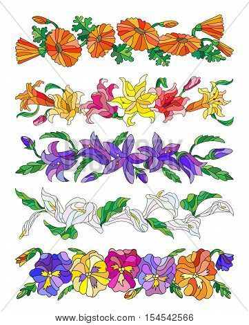 Set of floral compositions in the stained glass style on a white backgroundflowers without a common it is possible to move