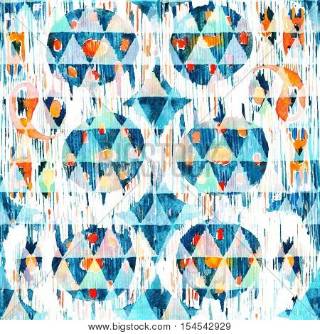 Ikat seamless bohemian ethnic pattern in watercolour style. Watercolor ikat oriental ornaments.