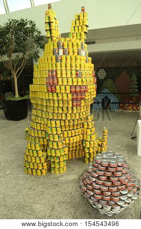 UNIONDALE, NEW YORK - NOVEMBER 1, 2016: Food sculpture presented at 10th Annual Long Island Canstruction competition in Uniondale. Teams build large scale sculptures out of canned food for food drive