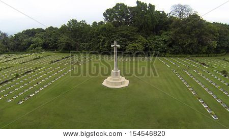 Labuan Malaysia-Sept 14,2014:Cross at Labuan War Cemetery in Labuan,Malaysia.Labuan island once known as Pearl of Borneo is one of the World War II allied stronghold.