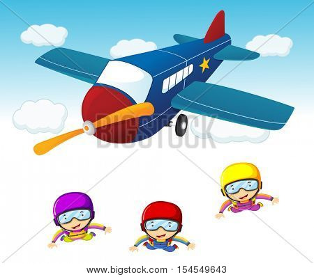 Three sky divers jumping out the airplane illustration