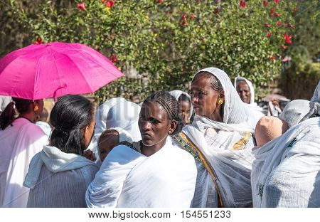 Adua Ethiopia - January 21 2016: Local faithfuls attends the annual religious celebration of Timket (epiphany)
