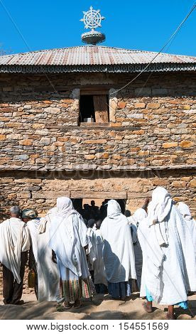 Yeha Ethiopia - January 21 2016: Local faithfuls and priests celebrates the Timkat (Epiphany) fest in the Temple of the Moon