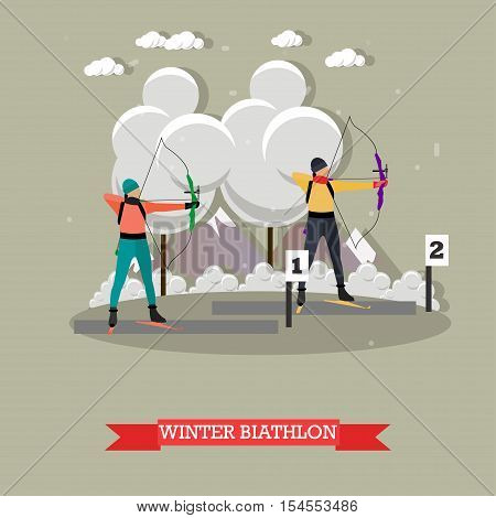Sport shooting banner. Archery biathlon competition games vector illustration. People in shooting positions.