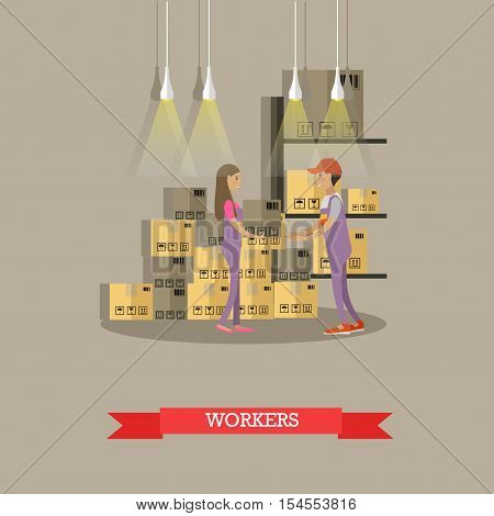 Logistic and delivery service concept banner. Warehouse workers. Vector illustration in flat cartoon style design. Delivery man working in warehouse and shipping products.