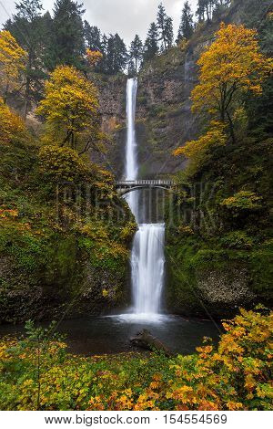 Fall Colors at Multnomah Falls in the Columbia River Gorge in Autumn