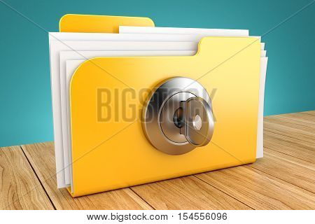 folder with the lock on a wooden table 3d
