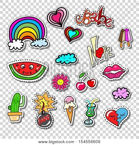 Big set of Girl Fashion Comics Style Patch Badges, Stickers kit, Funny Pins, Skech Cartoon Labels