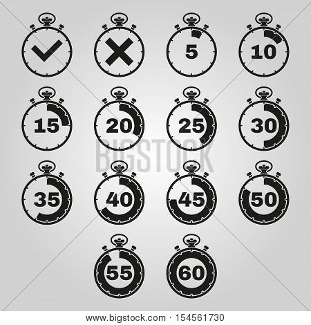 The stopwatch icon, set of 14 icons. Clock and watch, timer, countdown symbol. UI. Web. Logo. Sign. Flat design. App. Stock vector
