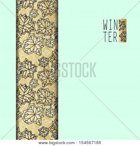 Vertical seamless border stripe design. Winter polygonal trendy style snowflakes on mint gold background. Winter holidays snowfall concept. Vector illustration stock vector.