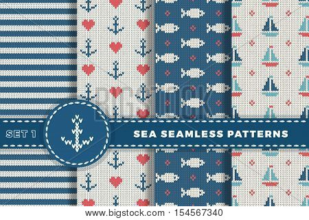 Sea and nautical backgrounds in white turquoise red and dark blue colors. Sea theme. Set seamless patterns collection. Woolen knitted texture. Vector Illustration