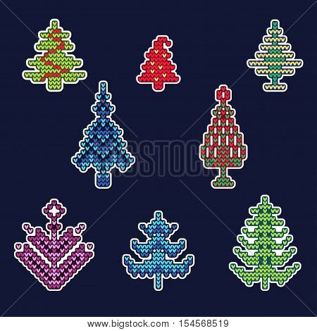 Vector Illustration of Ugly sweater Xmas Patches elements for Design, Website, background, Banner. Merry Christmas Knitted Retro Stickers with Christmas Tree Template