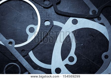 Close up shot of various engine gaskets.