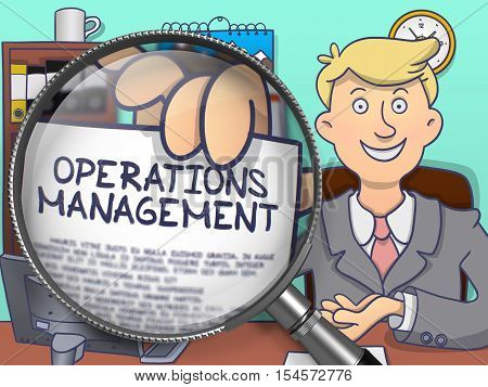 Businessman Showing Paper with Text Operations Management. Closeup View through Magnifier. Multicolor Doodle Illustration.