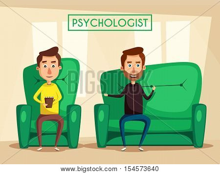 Patient talking to psychologist. Cartoon vector illustration. Psychotherapy counseling. Man dealing with stress. Psychology cabinet with sofa. Male character holding notepad