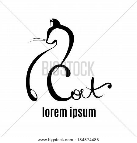 Abstract cat vector logo with lettering elements. Cat outline icon. White pet logo isolated on black backgroung. Abstract design element. Vector illustration