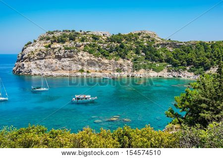 View of Ladiko Anthony Quinn Bay. Rhodes Dodecanese Islands Greece Europe