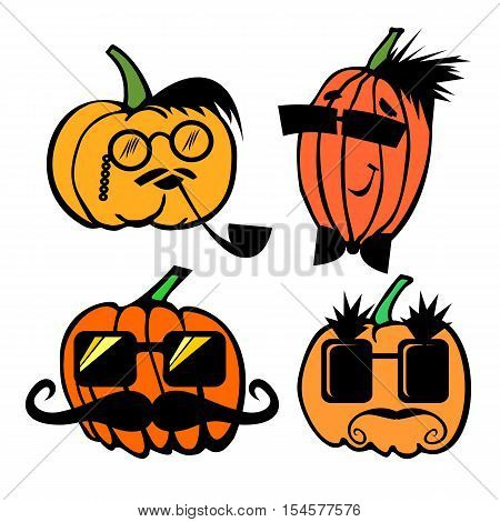 Hipster pumpkins collection for Thanksgiving day. Male pumpkins set in sun glasses and with mustaches isolated on white background. Autumn harvest symbol. Vector illustration