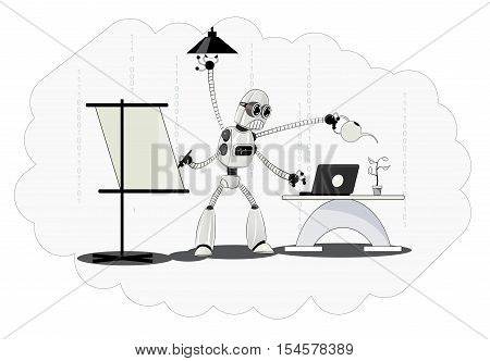 Robot wich programs the computer, watering the flowers, paints picture, twists bulb. Process automation progress. Artificial intelligence concept illustration