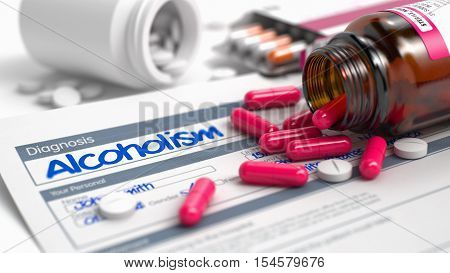 Handwritten Diagnosis Alcoholism in the Extract From the History of Disease. Medicaments Composition of Red Pills, Blister of Pills and Bottle of Tablets. 3D Render.