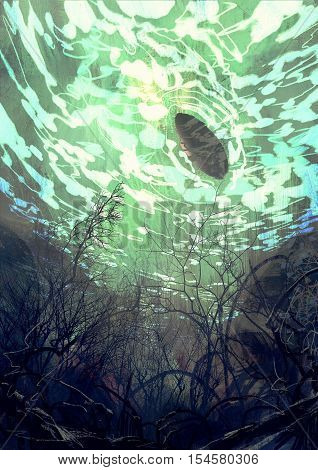 underwater view with the tree branch and stones, waves and reflection of the sun, illustration painting