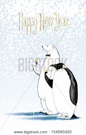 Happy new year 2017 vector drawing greeting card. Polar bear and penguin drinking glass of champagne funny nonstandard illustration. Design element with Happy New Year text