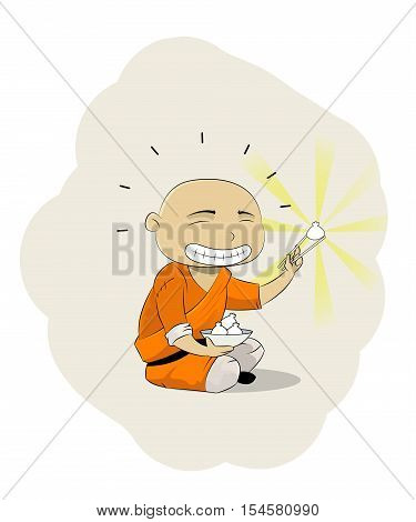 Fun cartoon monk sit on the ground and holding great dim sum. Vector