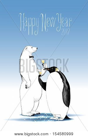 Happy new year 2017 vector drawing greeting card. Polar bear and penguin drinking glass of champagne funny nonstandard illustration. Design element with Happy New Year text