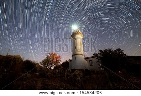 Lighthouse on Gelidonya cape in night time in Adrasan Antalya Turkey
