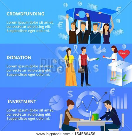 Modern flat thin line design vector illustration concepts of crowdfunding donation process and investment for business for graphic and web design