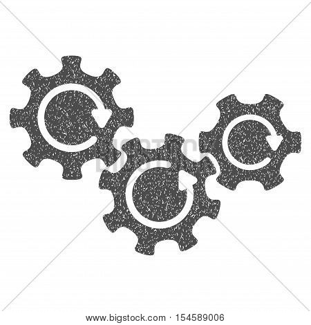 Transmission Gears Rotation grainy textured icon for overlay watermark stamps. Flat symbol with dirty texture. Dotted vector gray ink rubber seal stamp with grunge design on a white background.